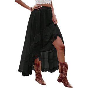 Women's Black Maxi Skirt High Low Asymmetrical Lace Ruffle Hem Western Skirt